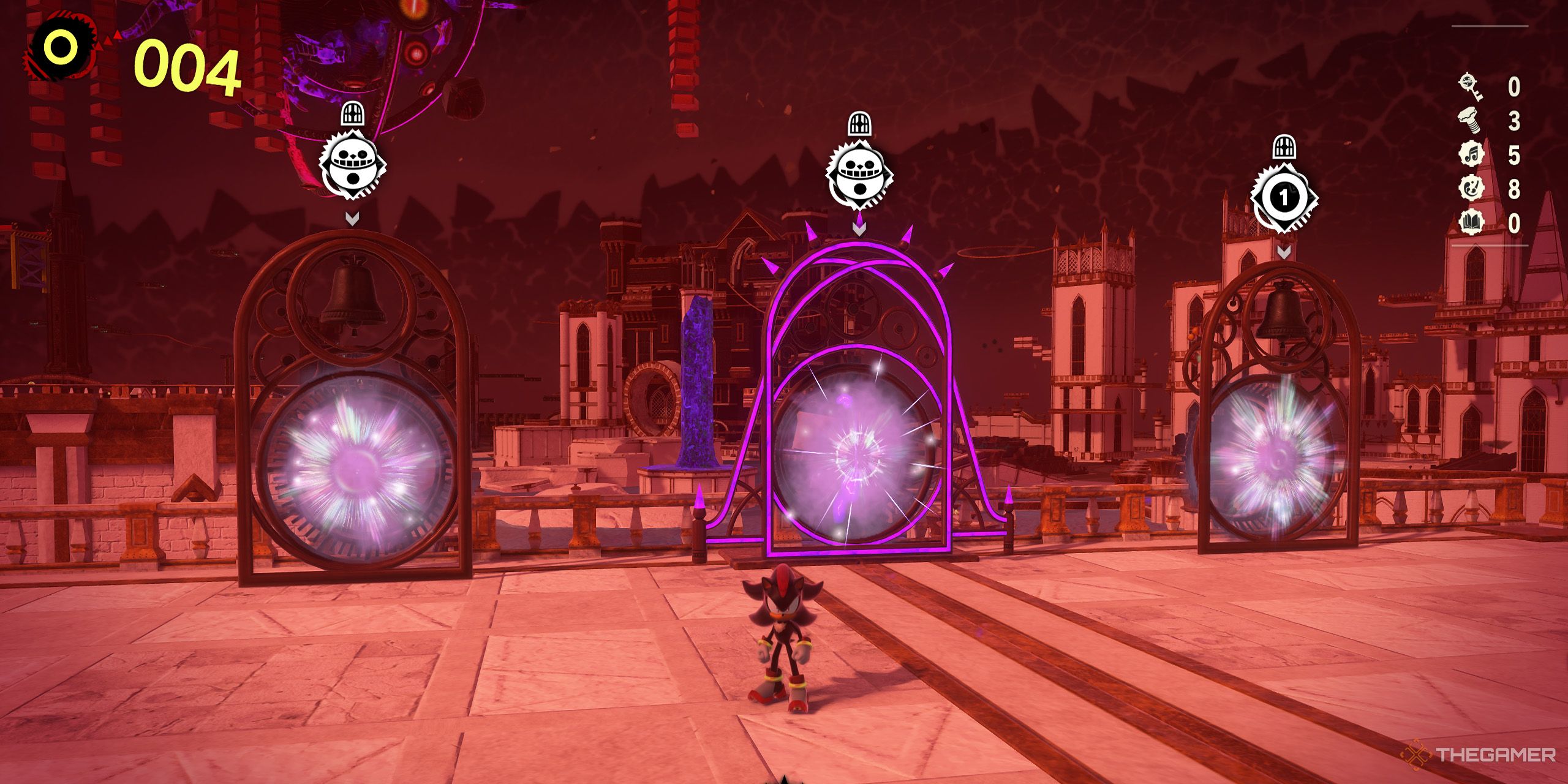 Shadow standing in front of three Challenge Acts in the Doom Zone from Sonic X Shadow Generations.