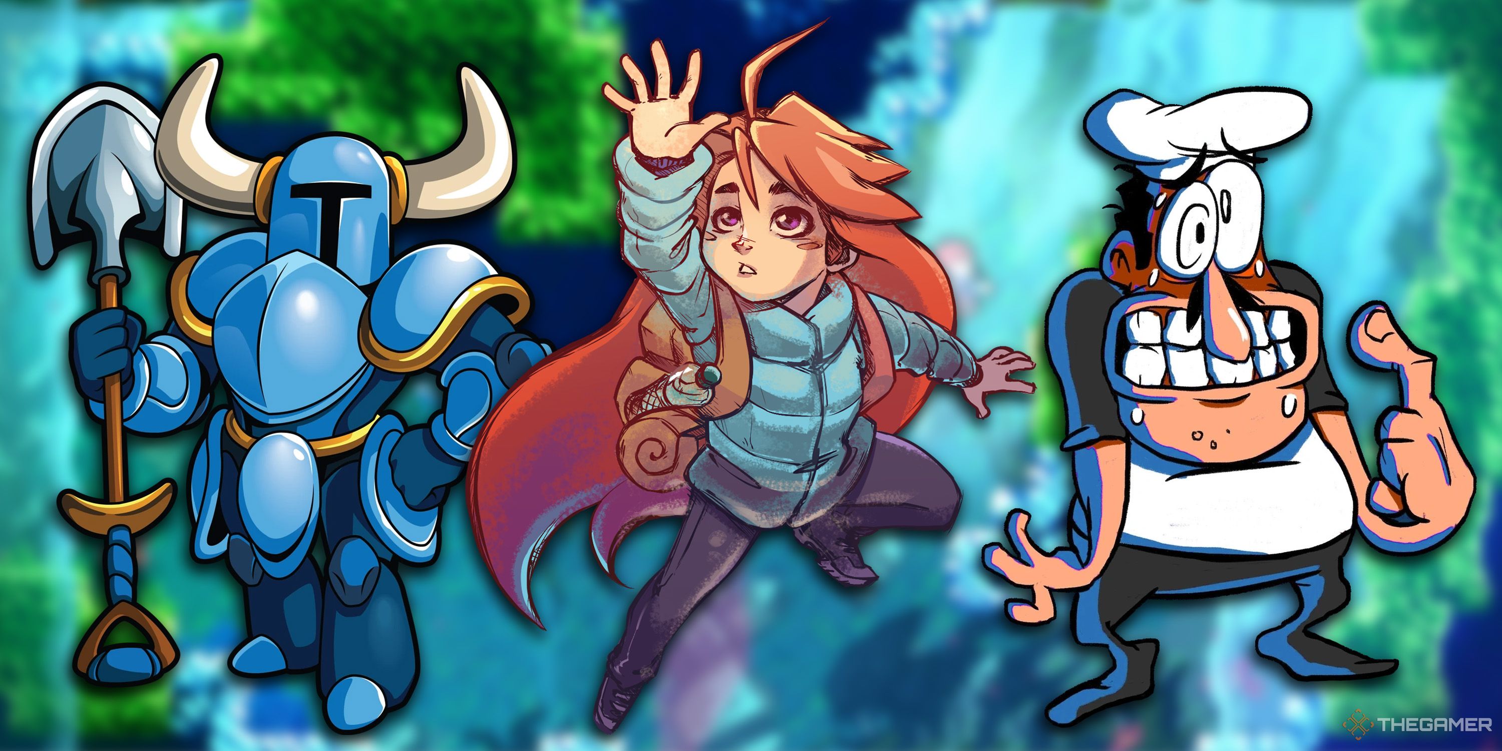 Shovel Knight, Madeline from Celeste, and Peppino from Pizza Tower standing side by side on a blue and green background.