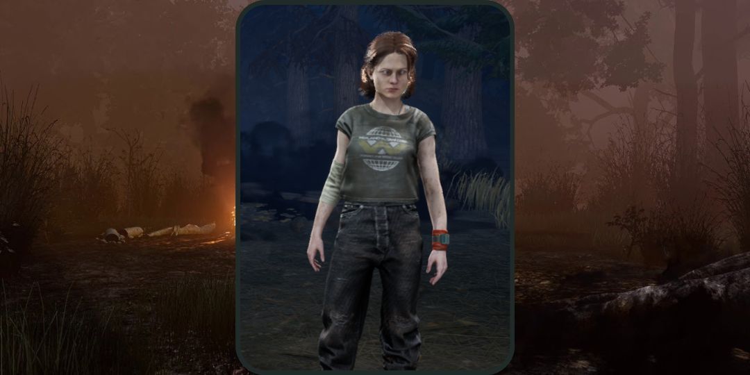 Rain Carradine stands in front of a background in Dead by Daylight.