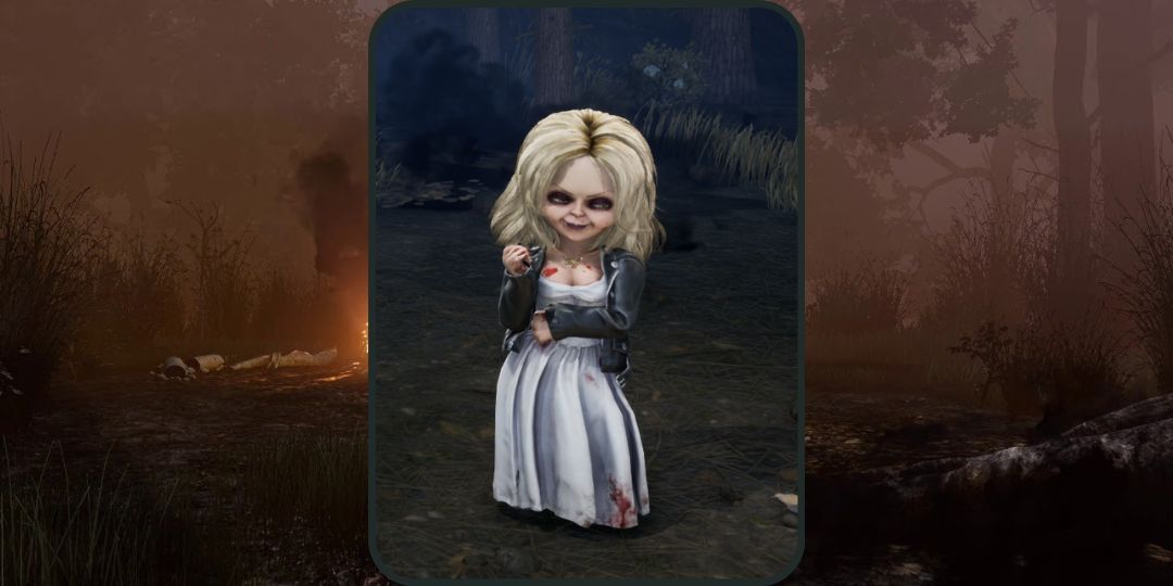 Tiffany Valentine stands in front of a background in Dead by Daylight.