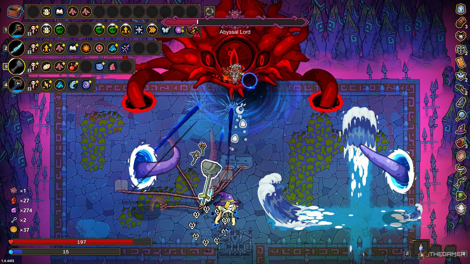 A mage faces off against the Abyssal Lord of Magicraft, controlling four wands at once. 