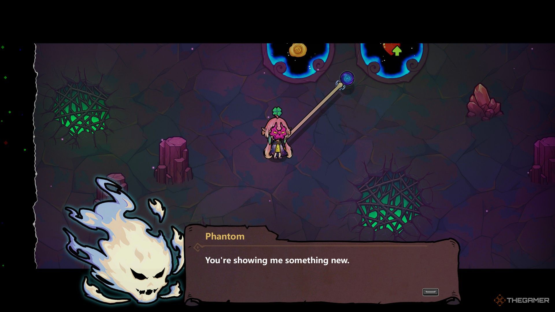 The player in Magicraft wears a mask relic that grows stronger with the number of curses they have. 