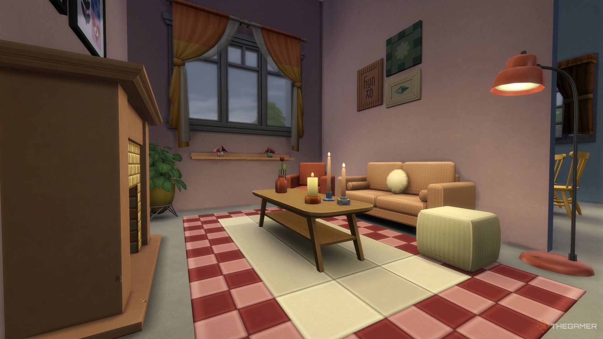 A living room and fireplace setup showing new furniture from The Sims 4 Cozy Kitsch Kit.