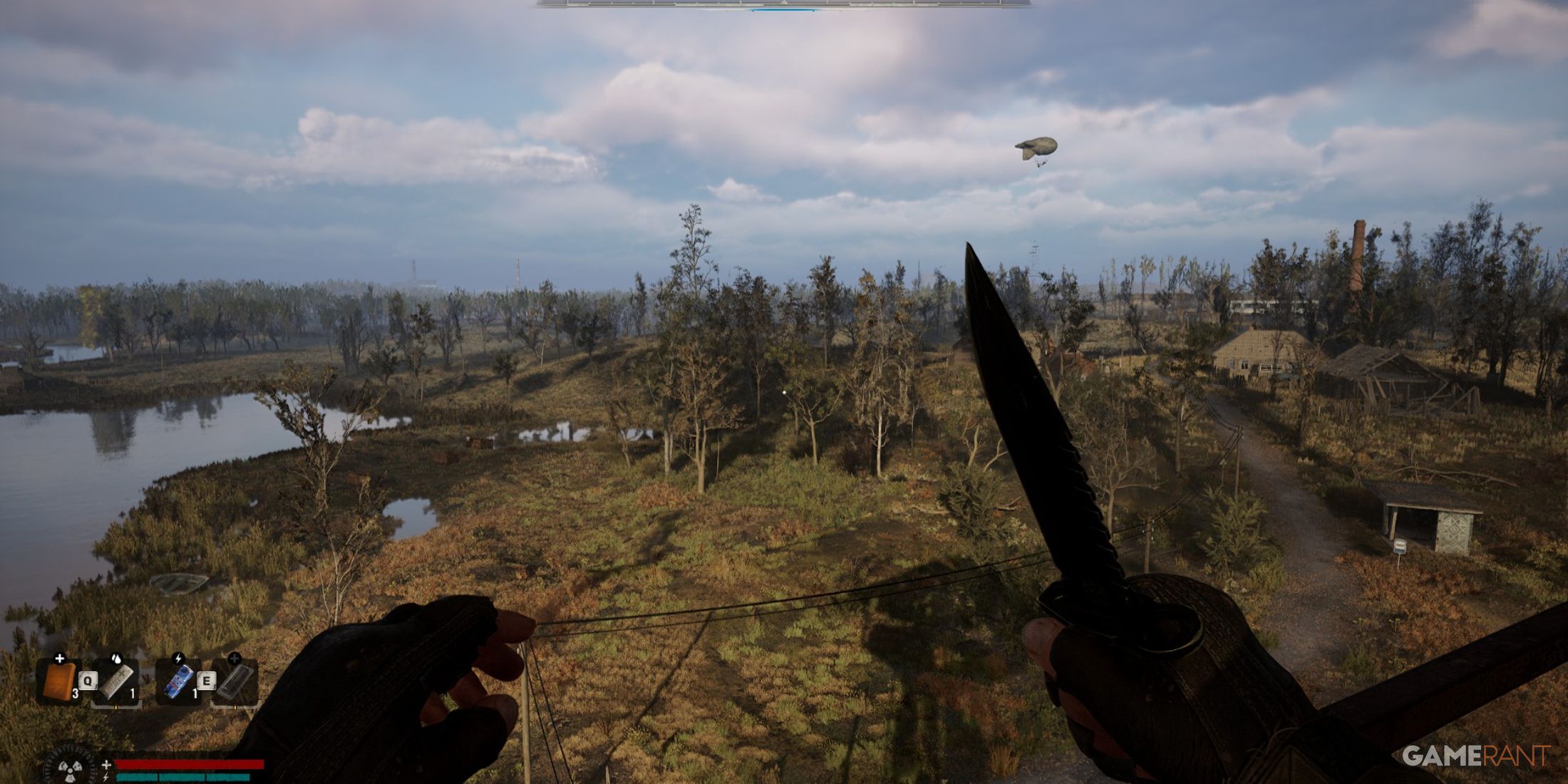 A scenic view of a vast, desolate landscape taken from a high vantage point in STALKER 2