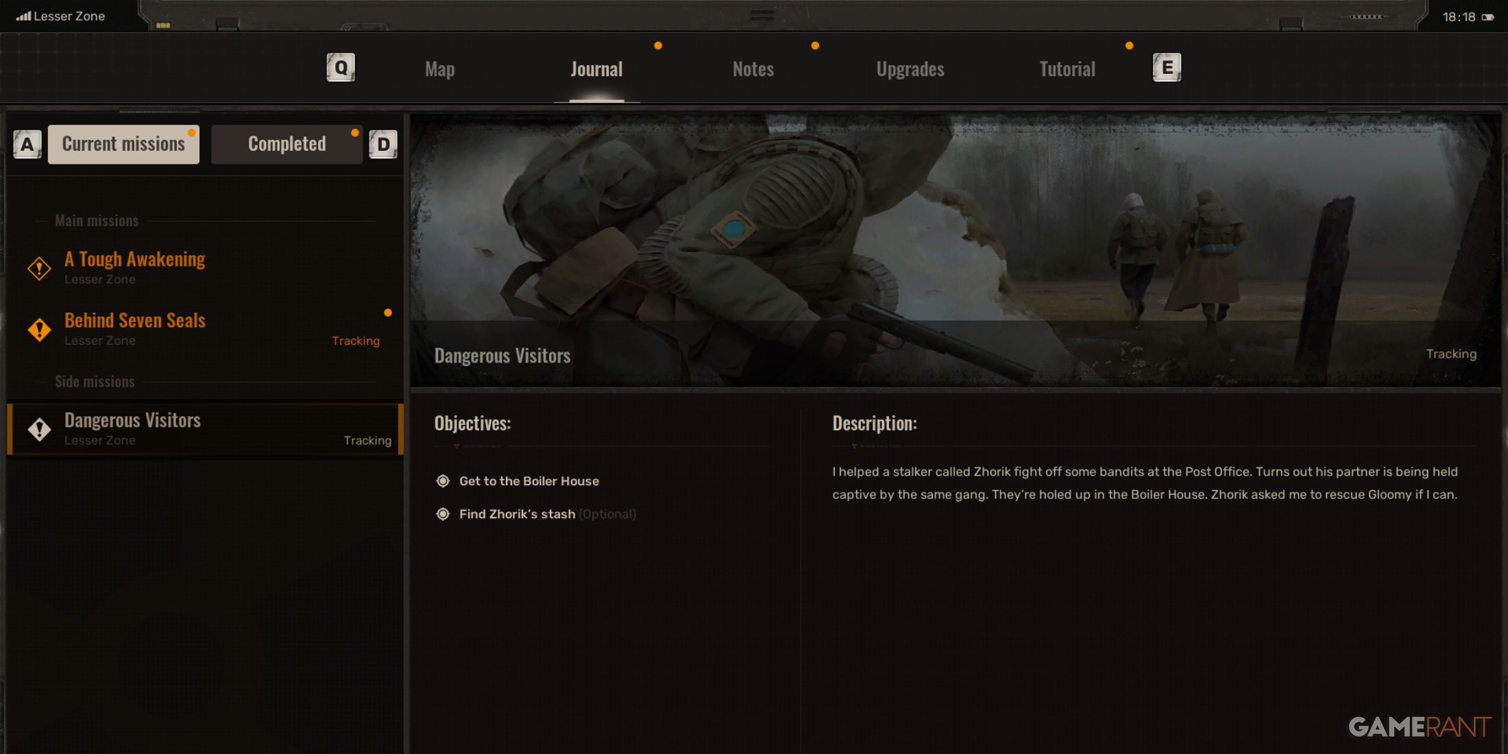 Quest journal displaying mission objectives, Dangerous Visitors highlighted in STALKER 2