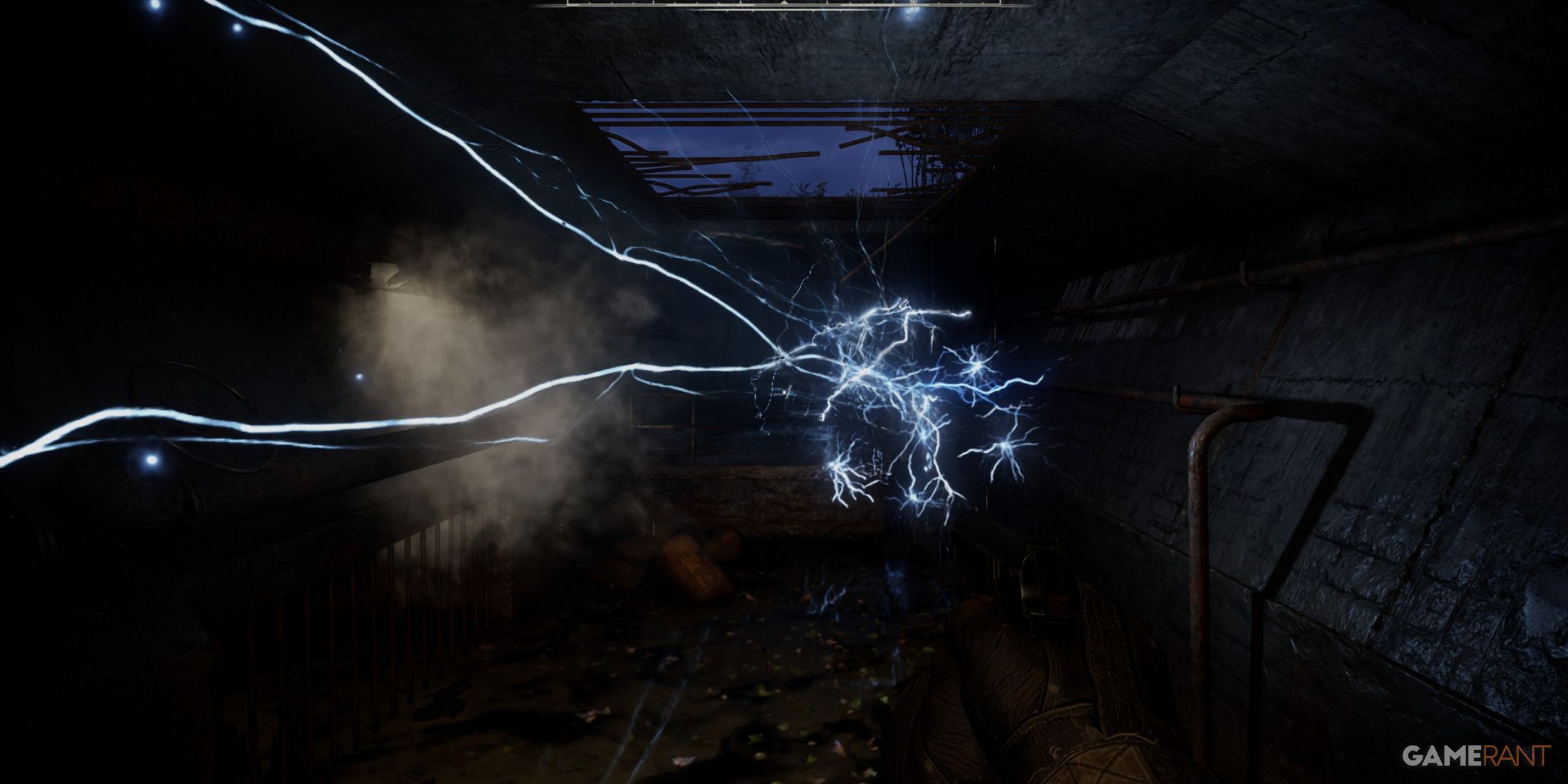 Electric anomaly crackling with energy inside a dark underground tunnel in STALKER 2