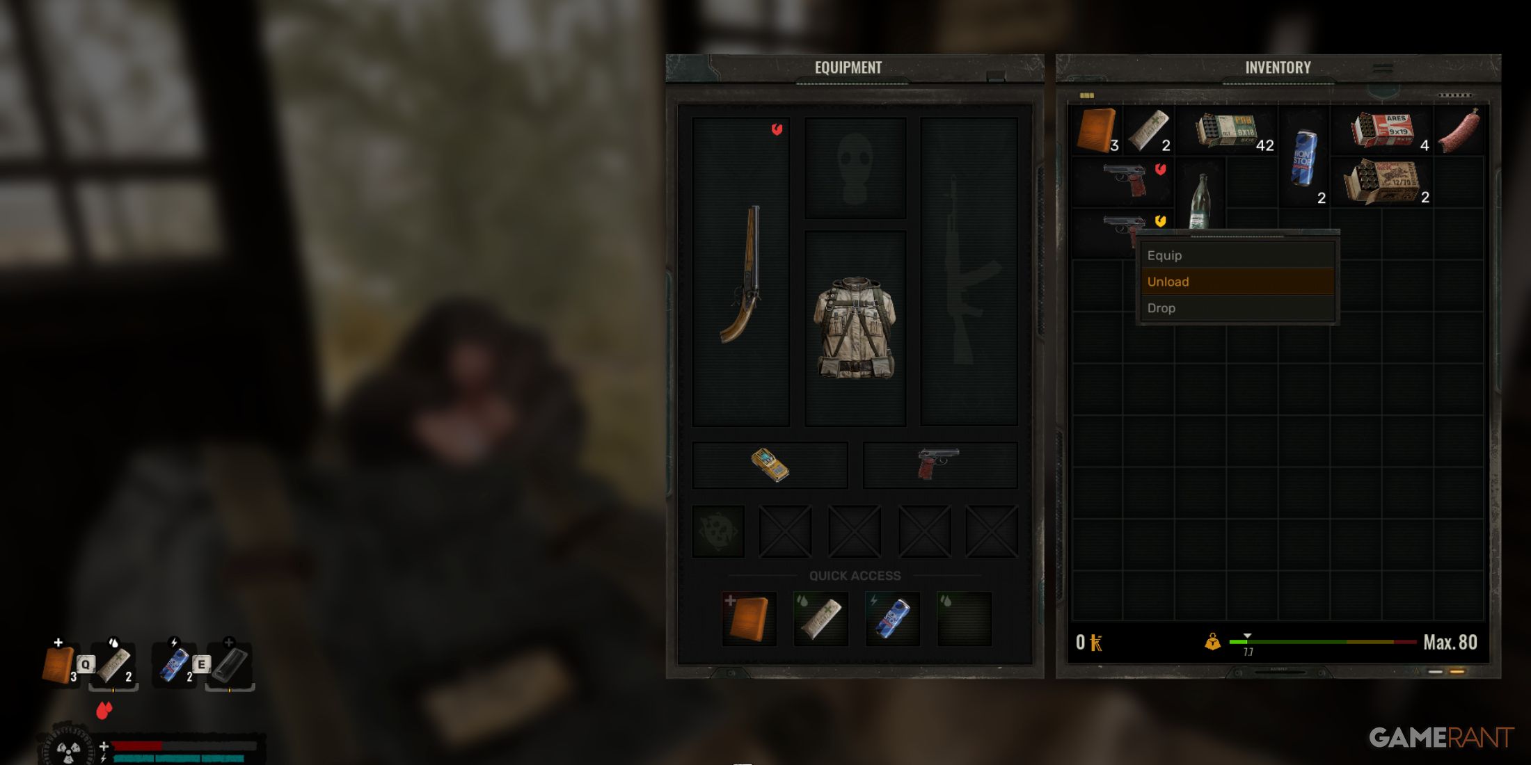 Inventory screen displaying weapons, ammo, and other supplies while inside a ruined structure in STALKER 2