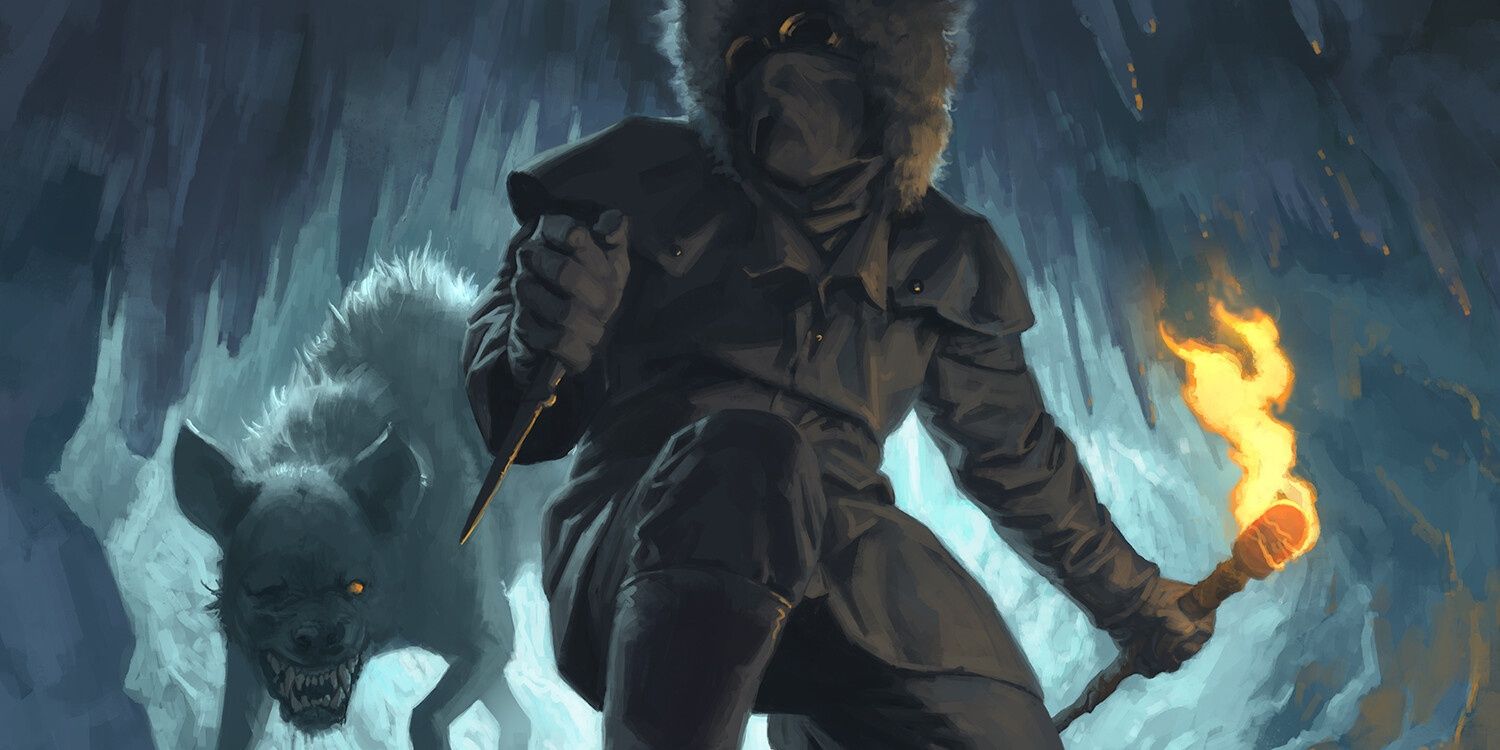 Dungeons & Dragons imahge showing a ranger in frozen cave with hyena.