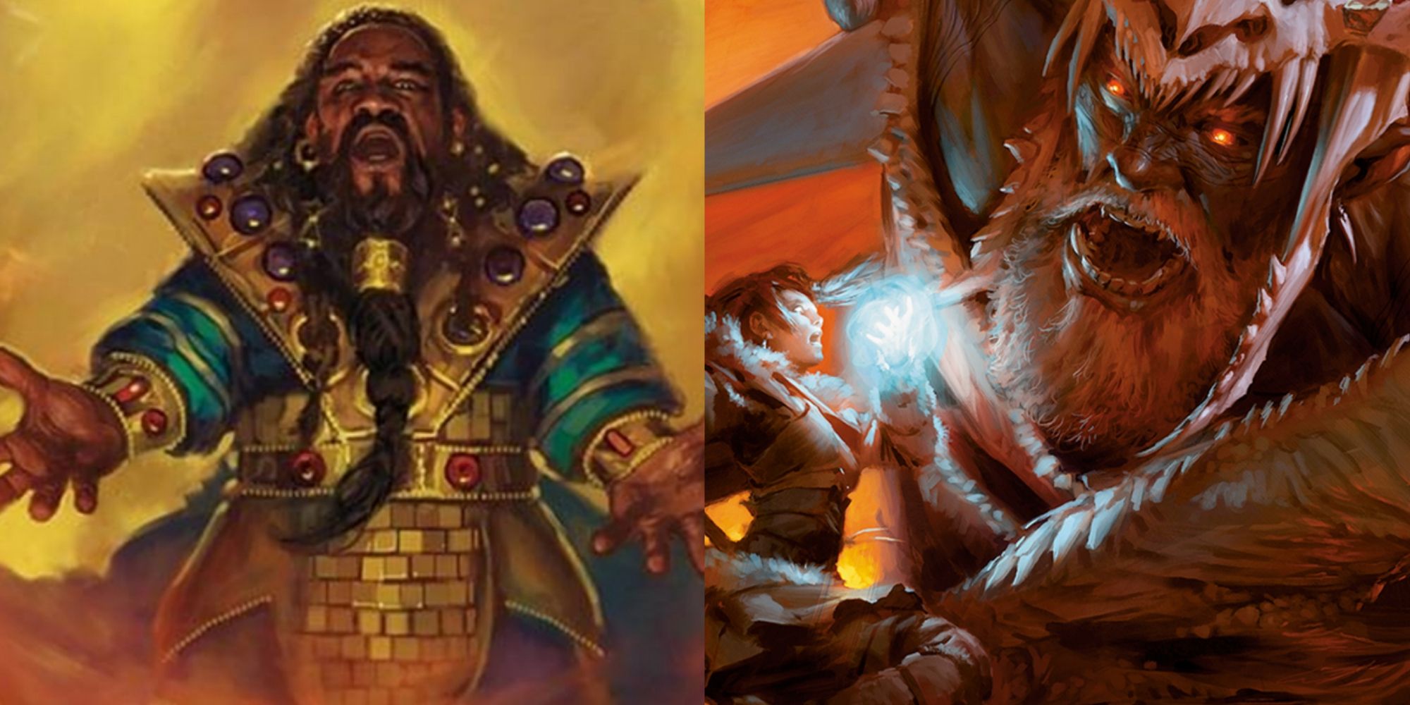 Two images of spellcasters, one surrounded in flames and one about to fight a giant monster.