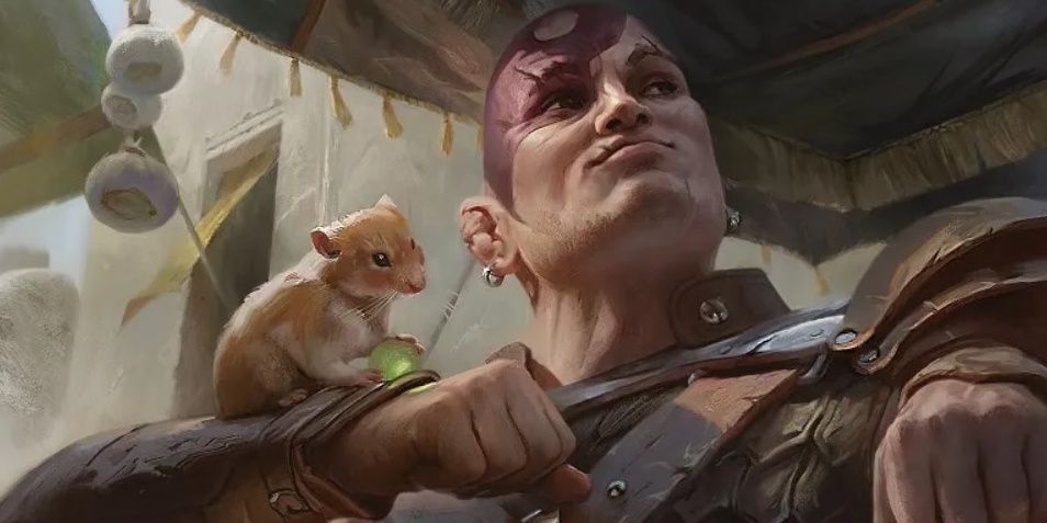 Dungeons & Dragons image showing Minsc and hamster pet boo chilling in a market.