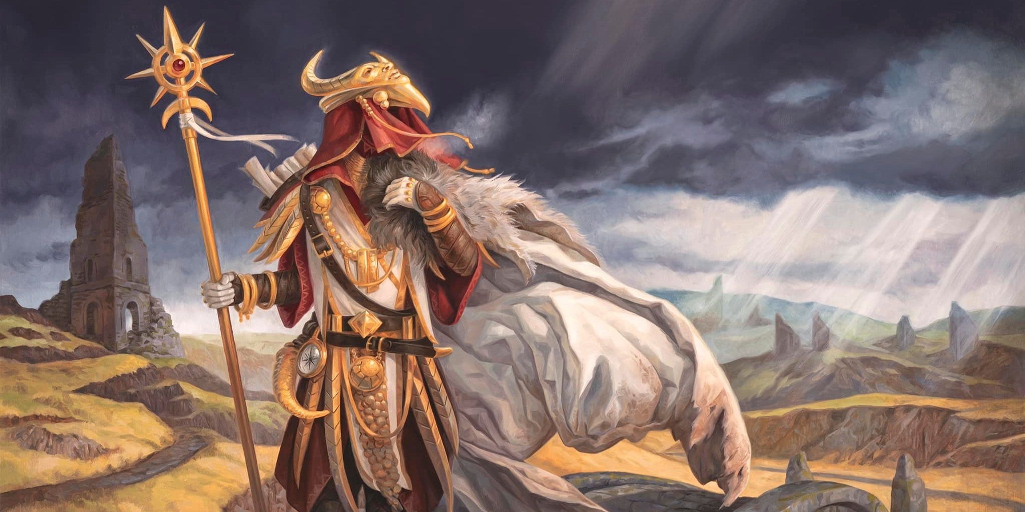 Dungeons & Dragons image showing Masked traveler walks through broken lands.