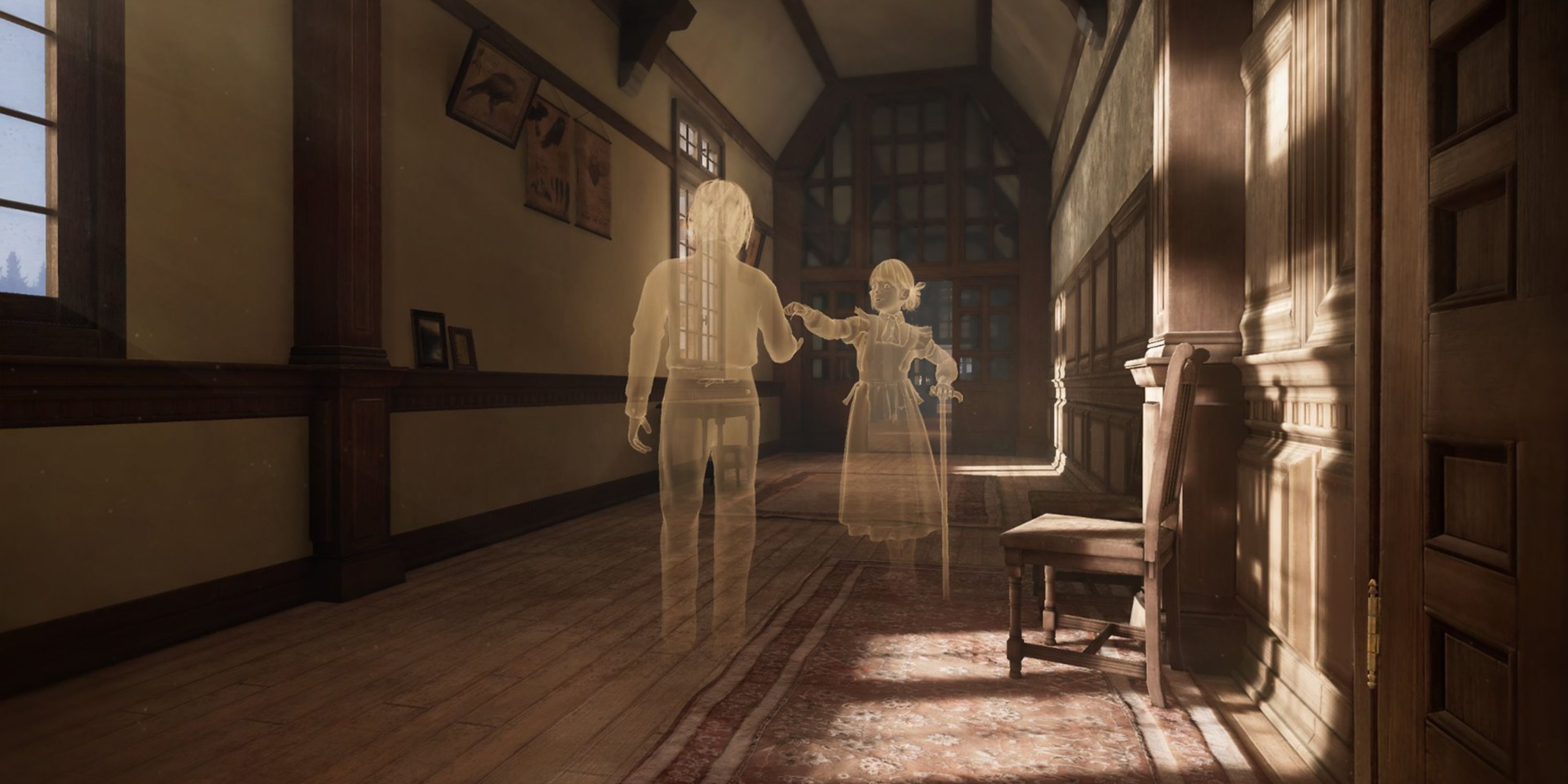 The ghosts of two children communicate in a hallway in Deracine.