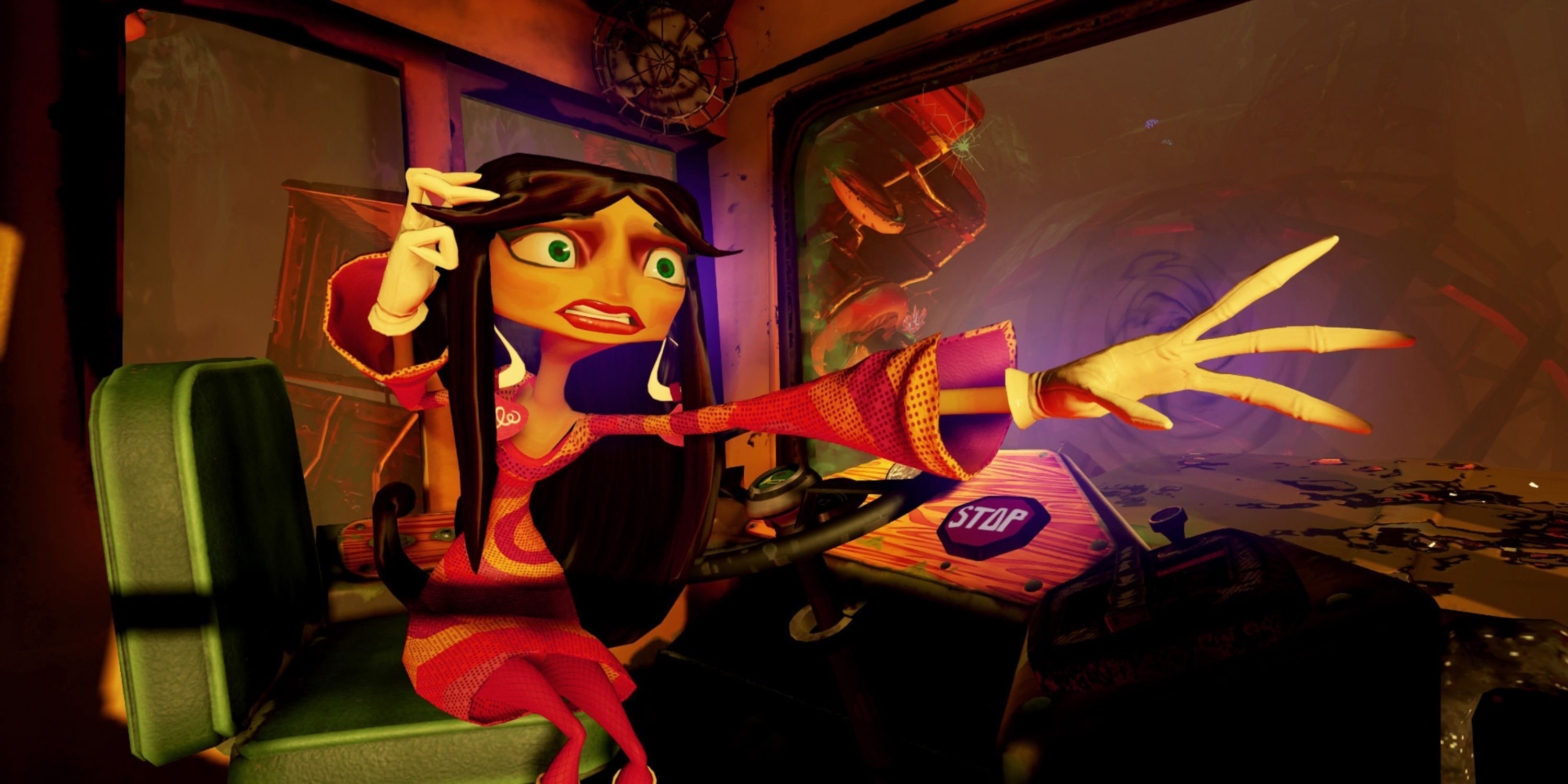 Milla Vodello holds her hand out in a panic in Psychonauts Rhombus of Ruin.