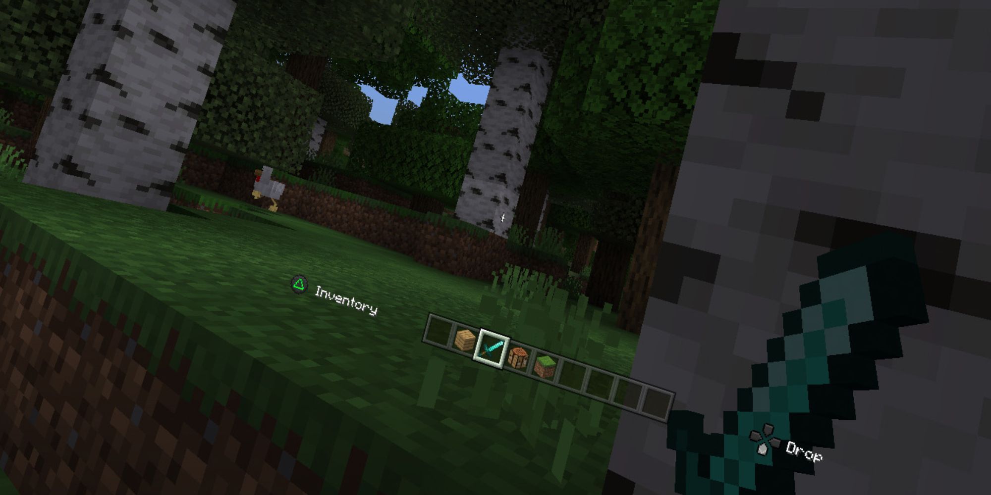 Attacking a tree with a sword while a chicken walks in the background in Minecraft.