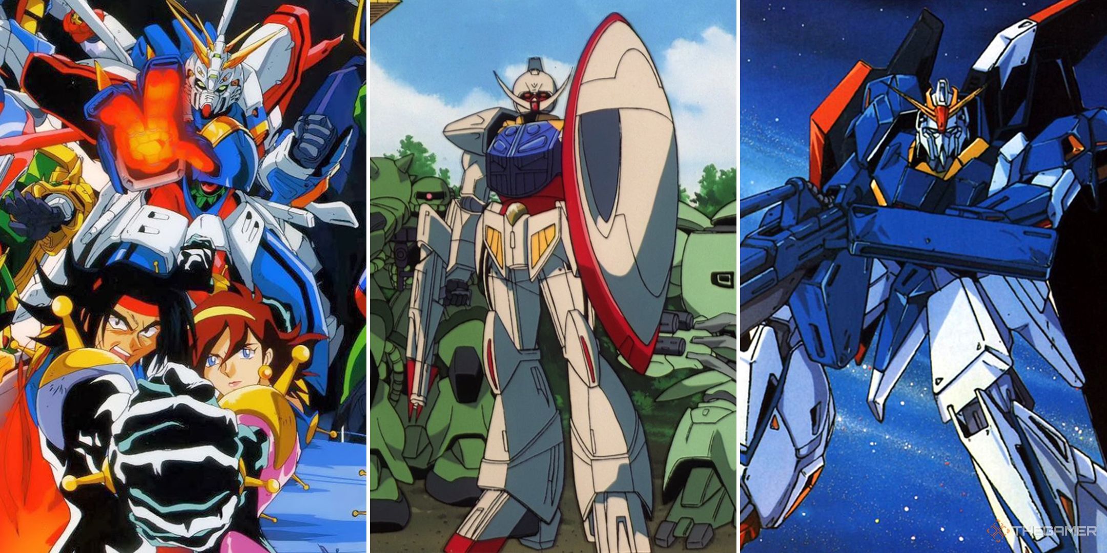 A split image featuring Mobile Fighter G Gundam, Turn A Gundam, and Mobile Suit Zeta Gundam.