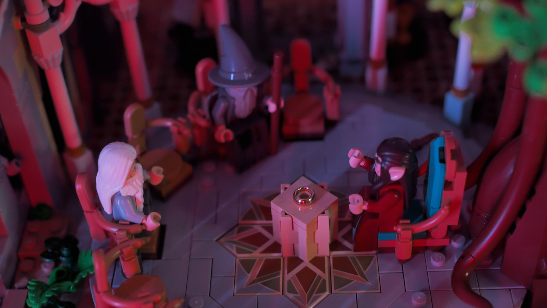 Lego Rivendell council area with Elrond, Gandalf, and dwarf minifigures on chairs