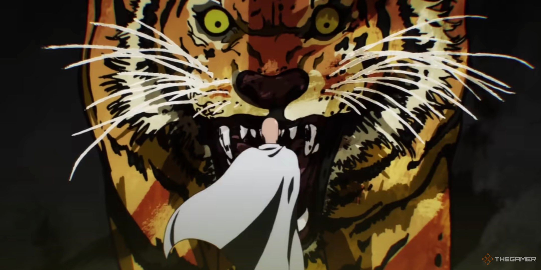 one punch man intro scene showing saitama facing a tiger level threat