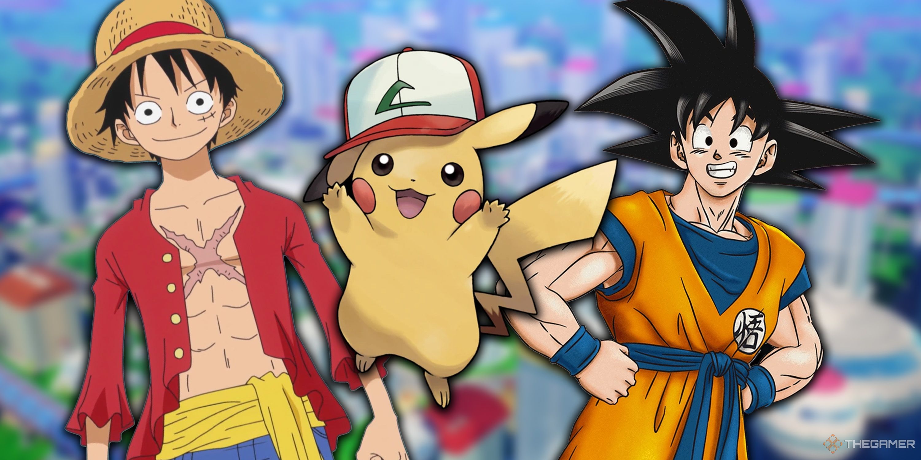 Pikachu, Goku, and Monkey D. Luffy in West City From Dragon Ball.