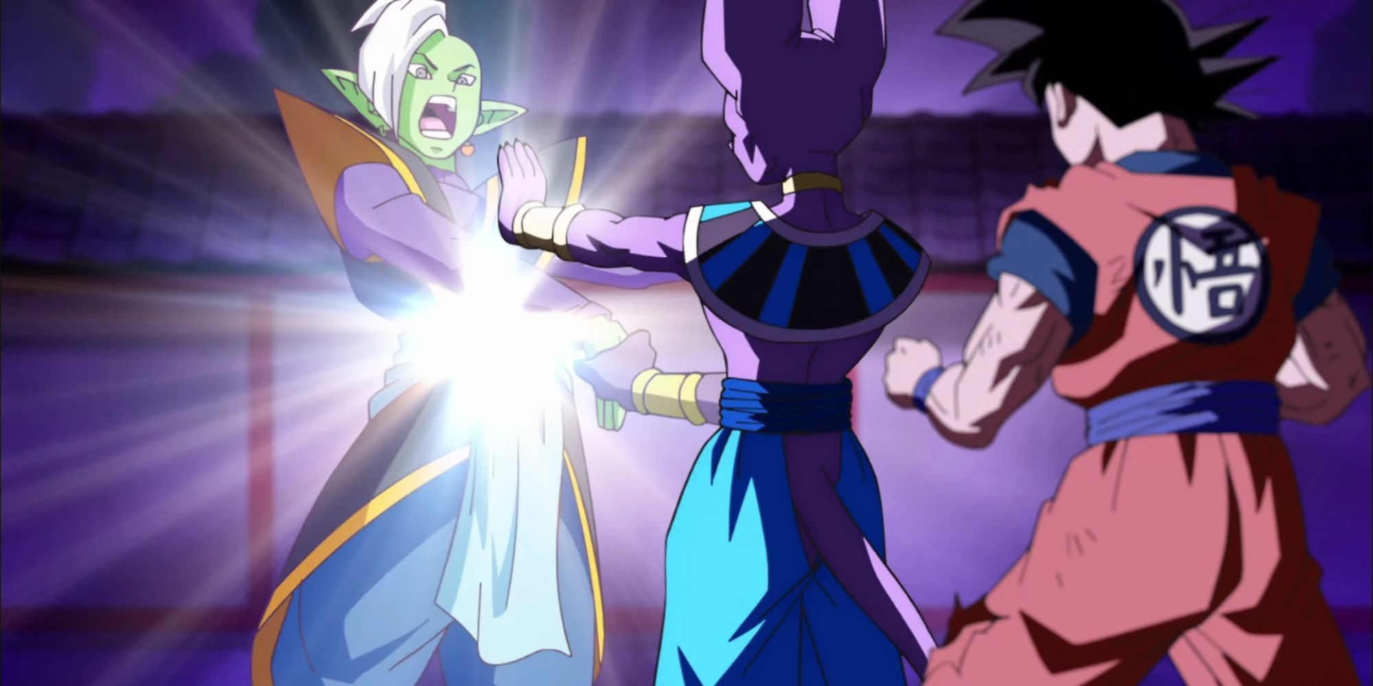 Beerus uses Hakai against Zamasu in Dragon Ball Super.