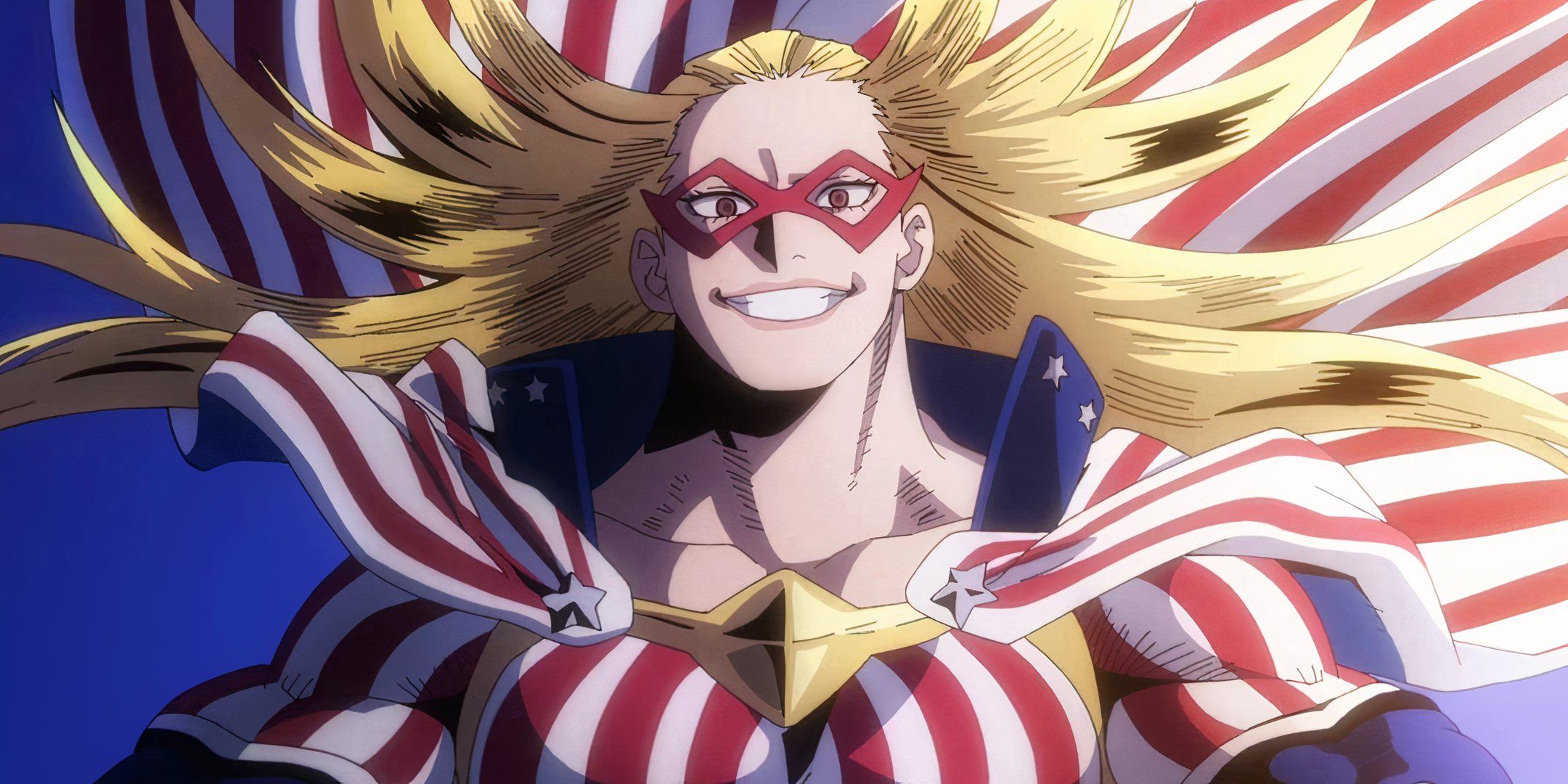 Star and Stripe from My Hero Academia smiling with her cape and hair flowing behind her.