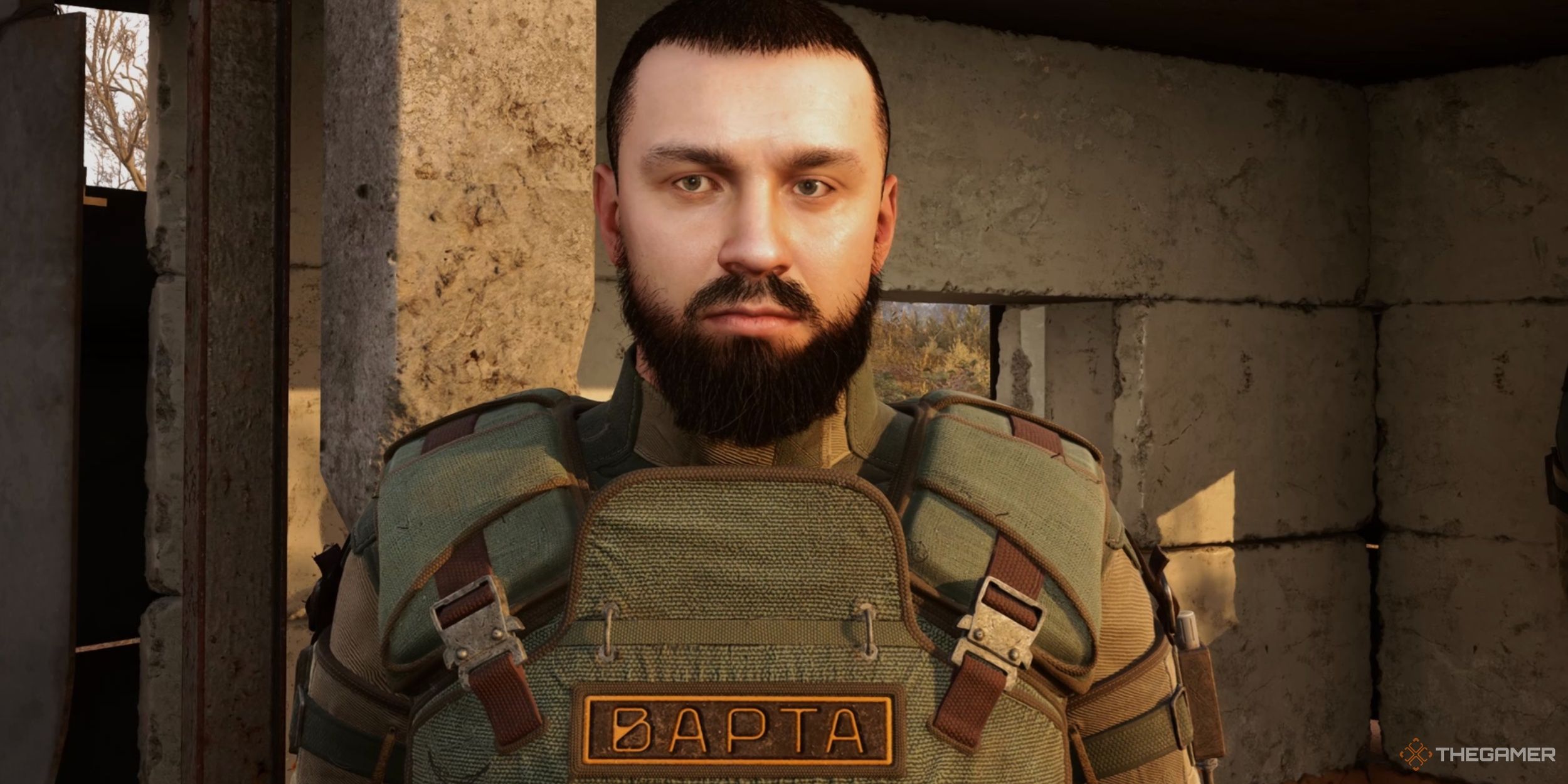 Lieutenant Mateus staring at the camera with a relieved expression on his face in Stalker 2: Heart of Chornobyl.