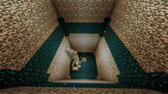 The player looks down into a room of Sculk and Bedrock in Escape: Sculk Rooms, one of the best Minecraft maps.