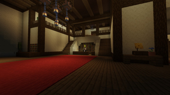 A plush red carpet leads to the reception desk of the warm and inviting hotel in Room 803, one of the best Minecraft puzzle maps.