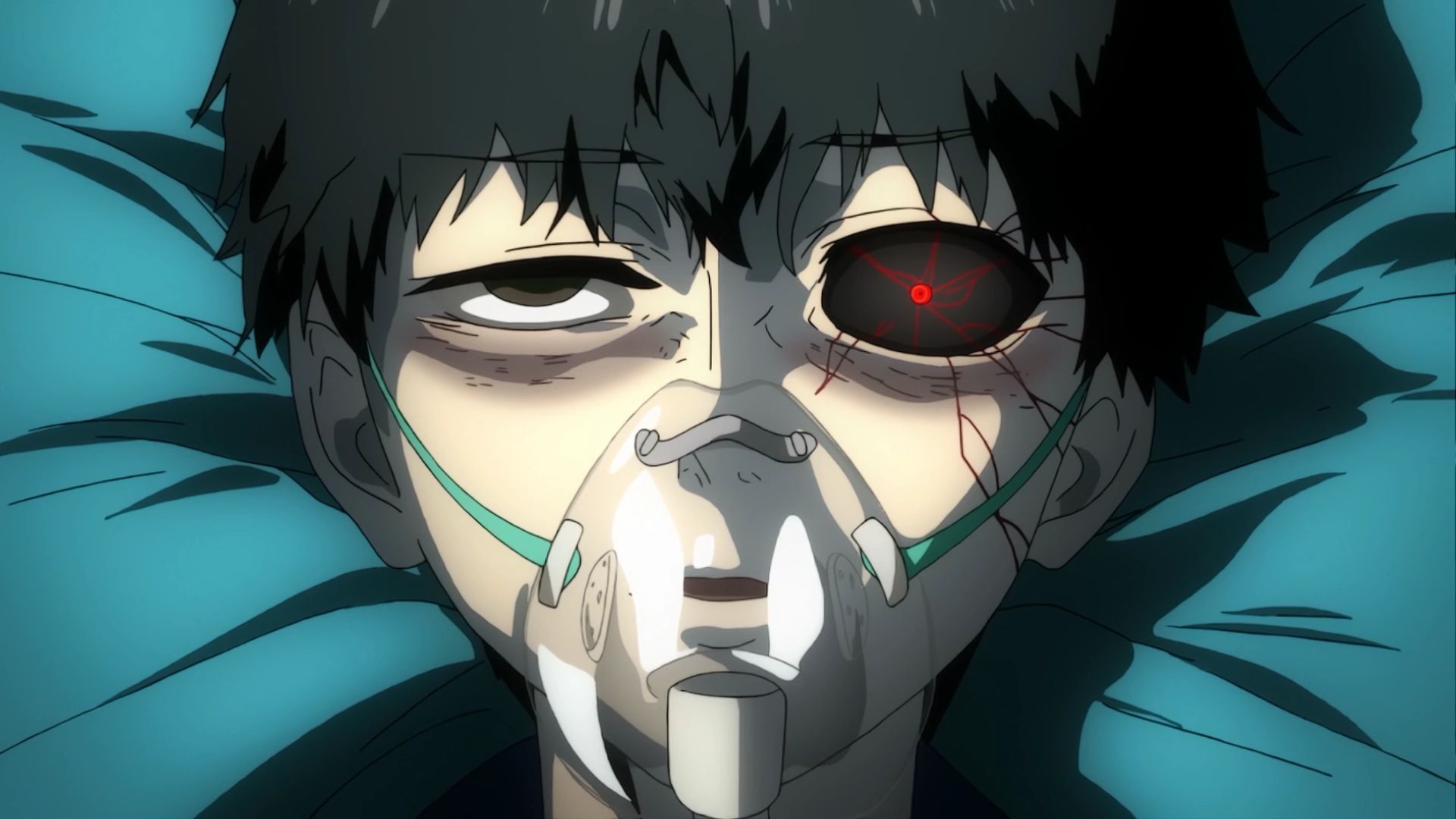 Kaneki lies in the hospital after his accident in Tokyo Ghoul.