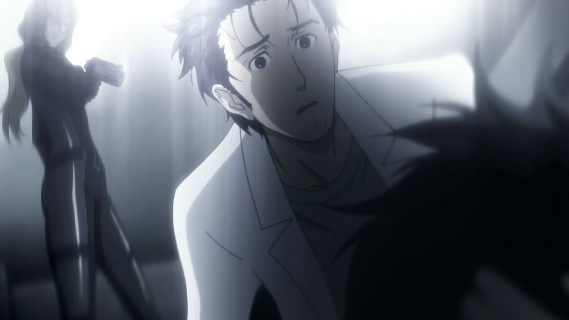 Okabe holds the dead body of Mayuri in Steins;Gate.