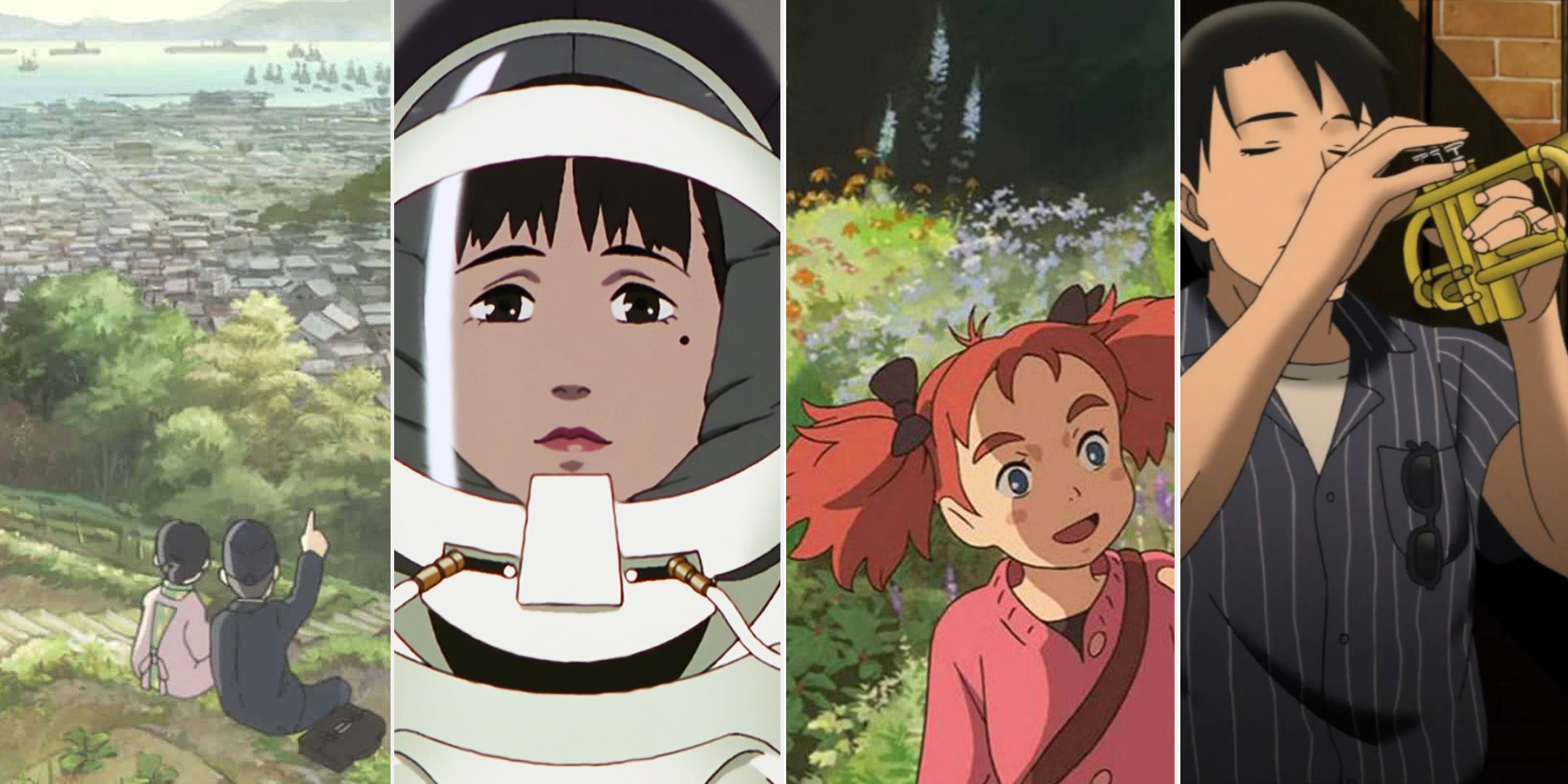 Scenes from different Ghibli-like films. From left to right: In This Corner of the World, Millennium Actress, Mary and the Witch's Flower, and Kids on the Slope.