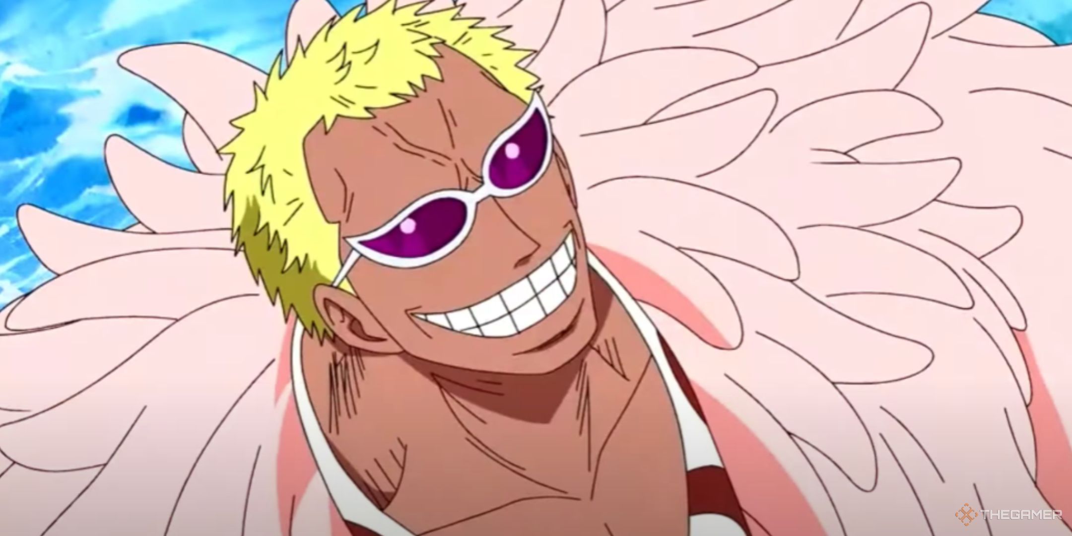 Doflamingo is grinning in one piece.