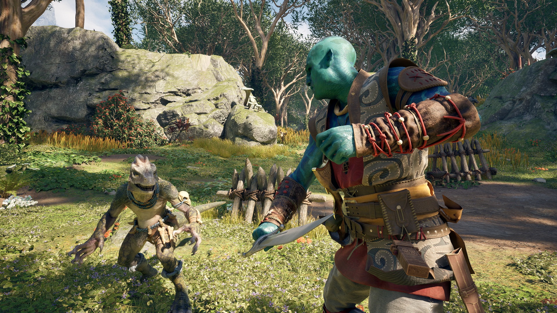 Avowed screenshot of companion Kai fighting a lizard-like creature with a sword