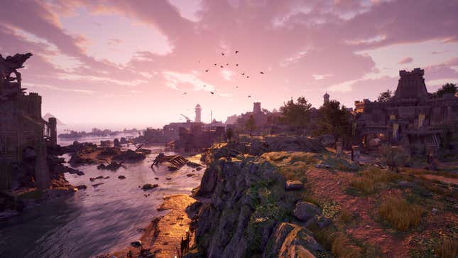 A sunset view of Dawnshore, with cliffs in the foreground and the lighthouse in the distance.