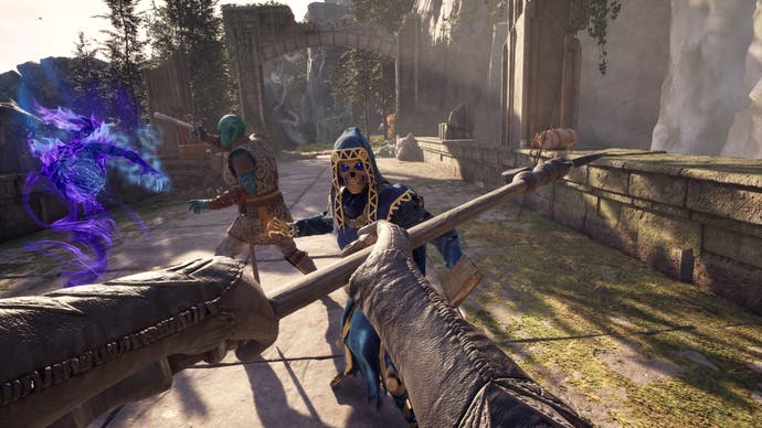 A first person screenshot of a warrior readying their bow to fight monsters in Avowed.