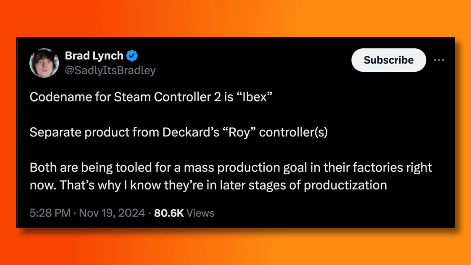 A tweet from Brad Lynch about new Steam Controllers