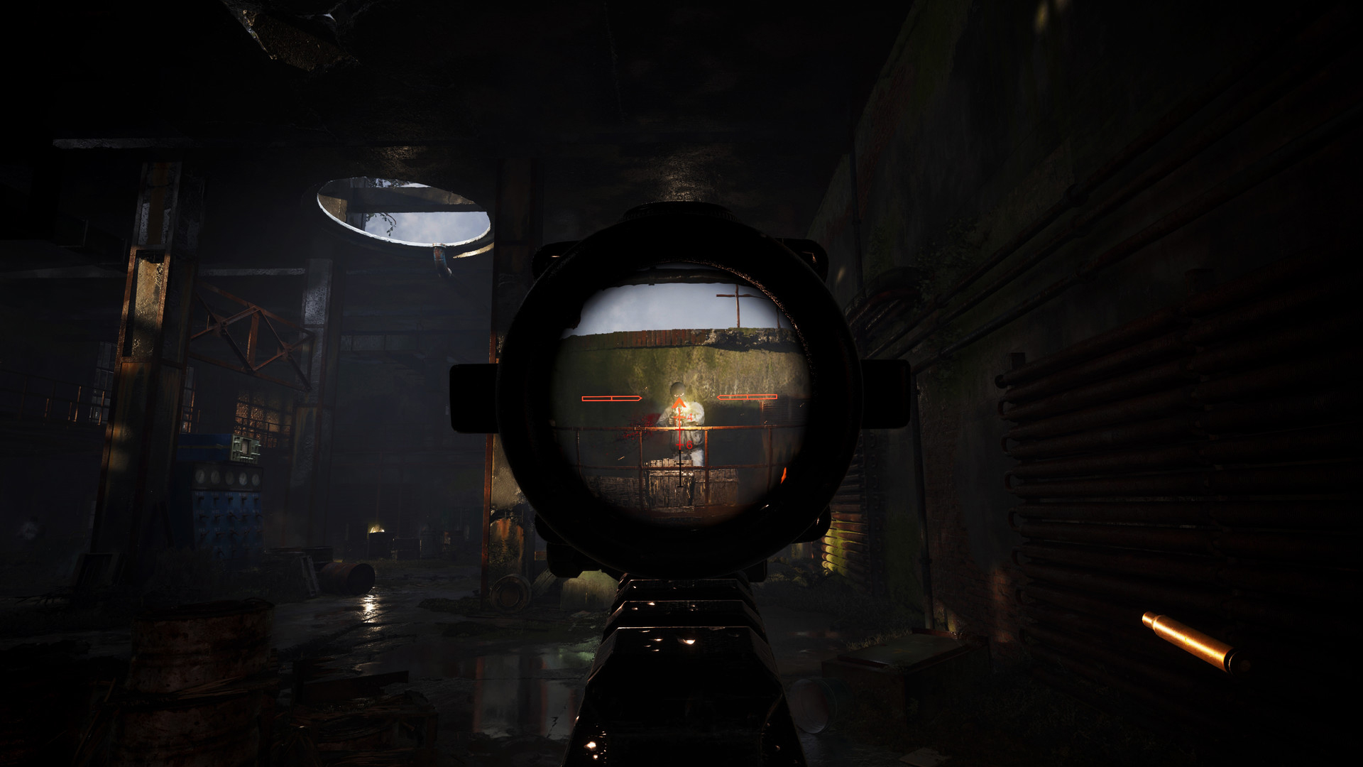 A player in Stalker 2 using a scoped rifle to aim at a human enemy from a distance