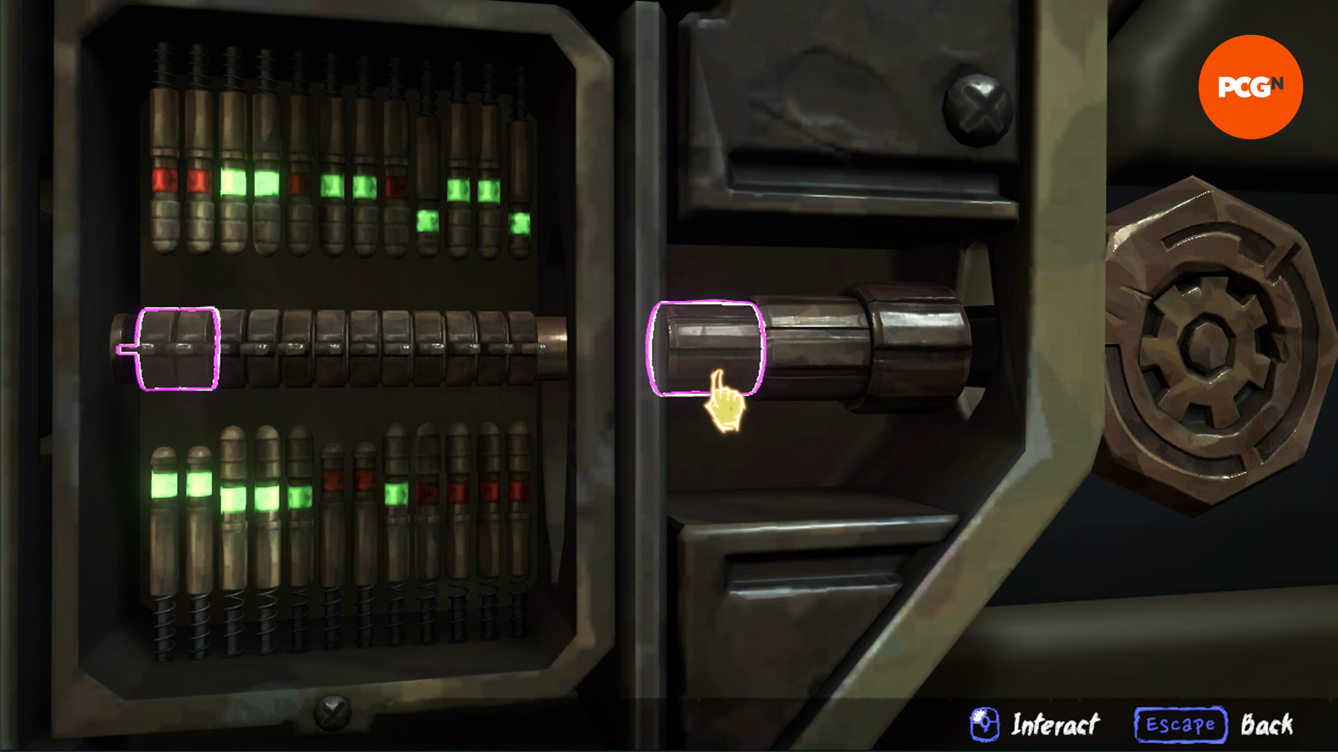 Jinx Fixes Everything Act 1: a lock puzzle with green and red lights