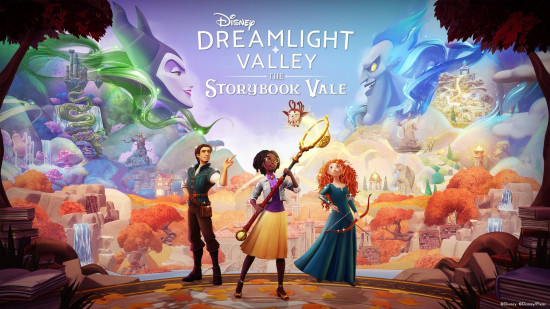 A player character stands beside Flynn and Merida in the Dreamlight Valley Storybook Vale DLC.