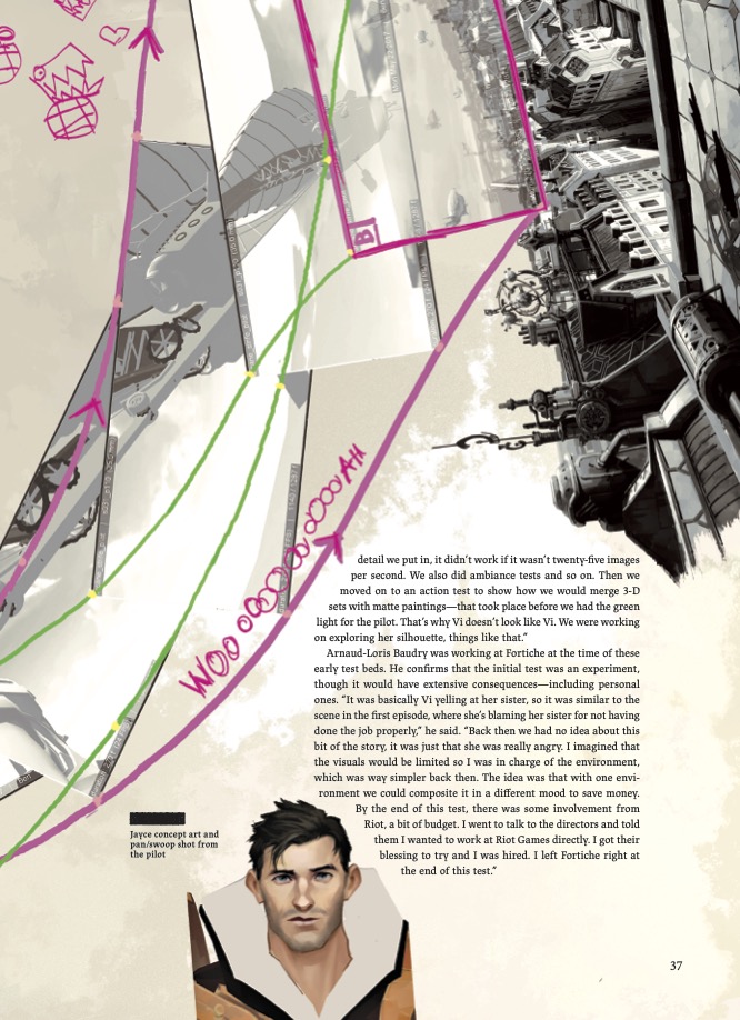 Interior artwork and text from The Art and Making of Arcane, showing the development of a character