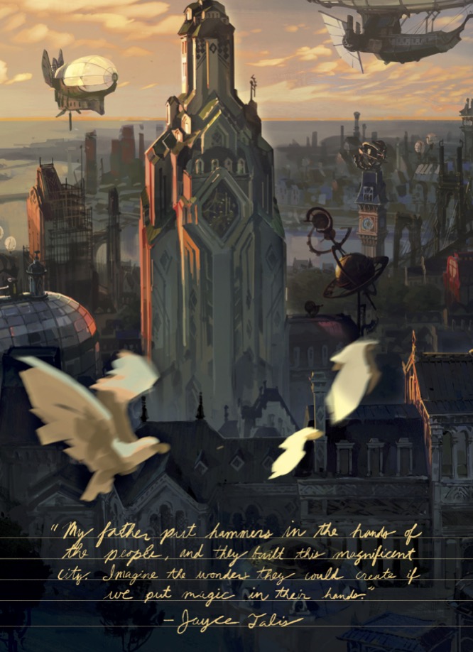 Interior artwork and text from The Art and Making of Arcane, showing an art-deco cityscape