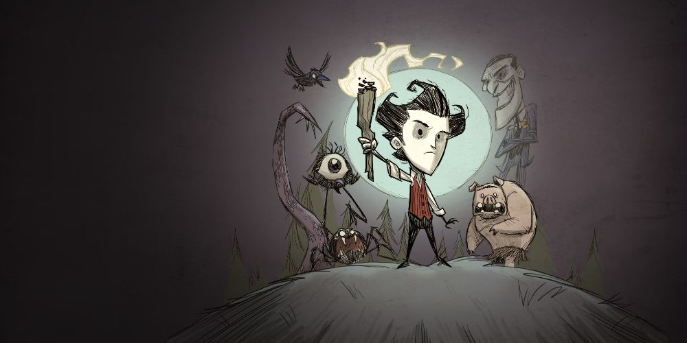 Wilson from Don't Starve standing in front of several characters with a torch in hand