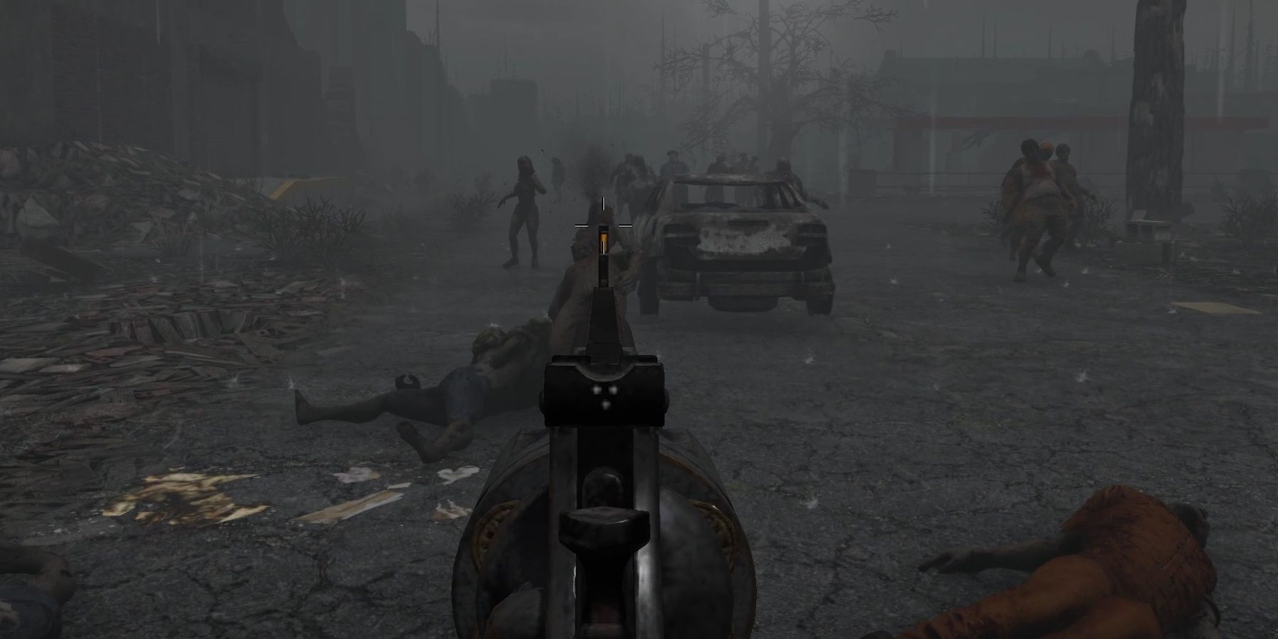 A view of a revolver, aimed down the sight. In the center sight of the player, two zombies have been shot in the head, one of which is spraying arterial mist. It's on a foggy street with a scrapped car in the middle and a detroyed building on the left 7 Days To Die.