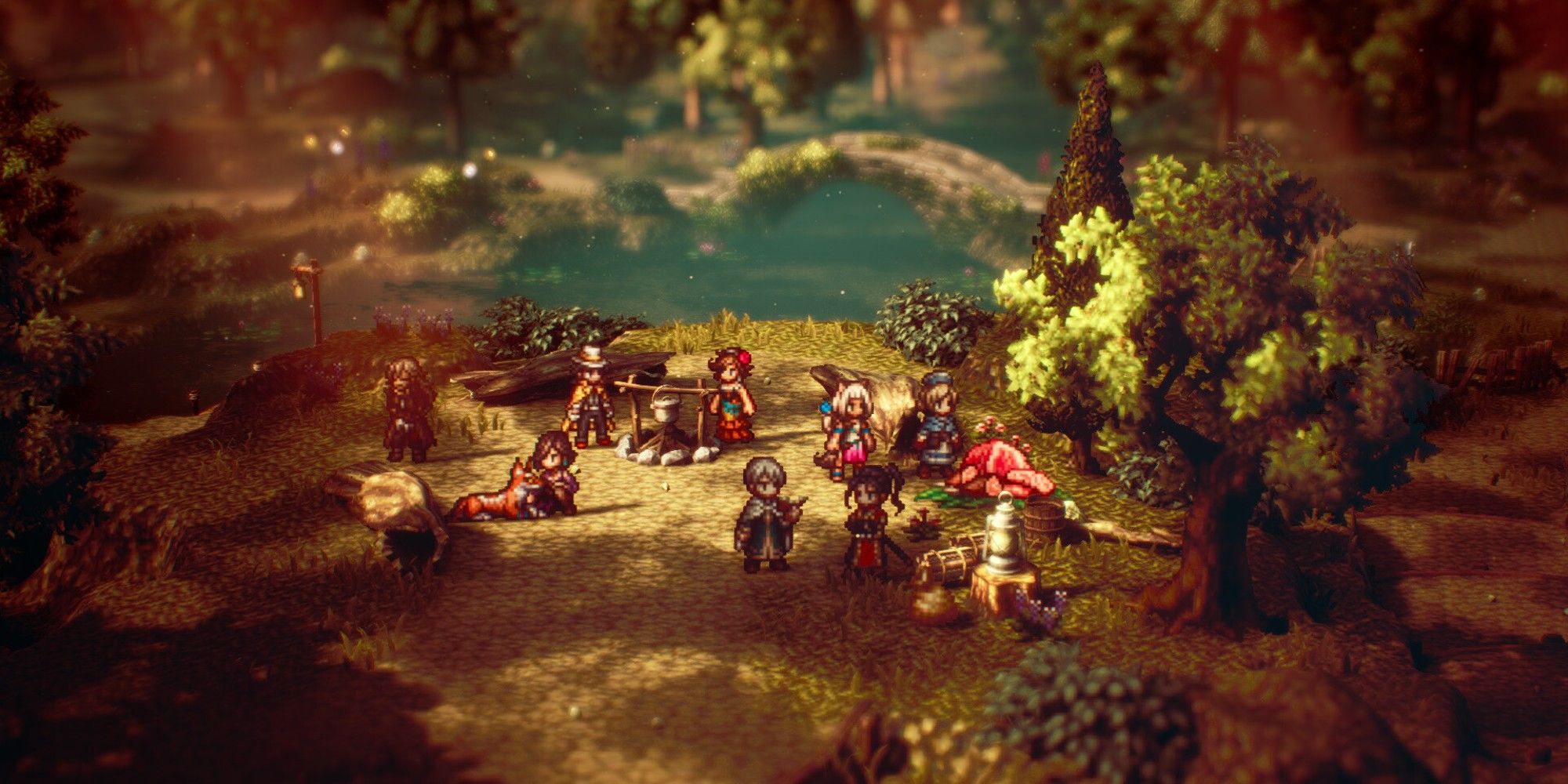 Main cast of Octopath Traveller 2 setting camp next to a river. 