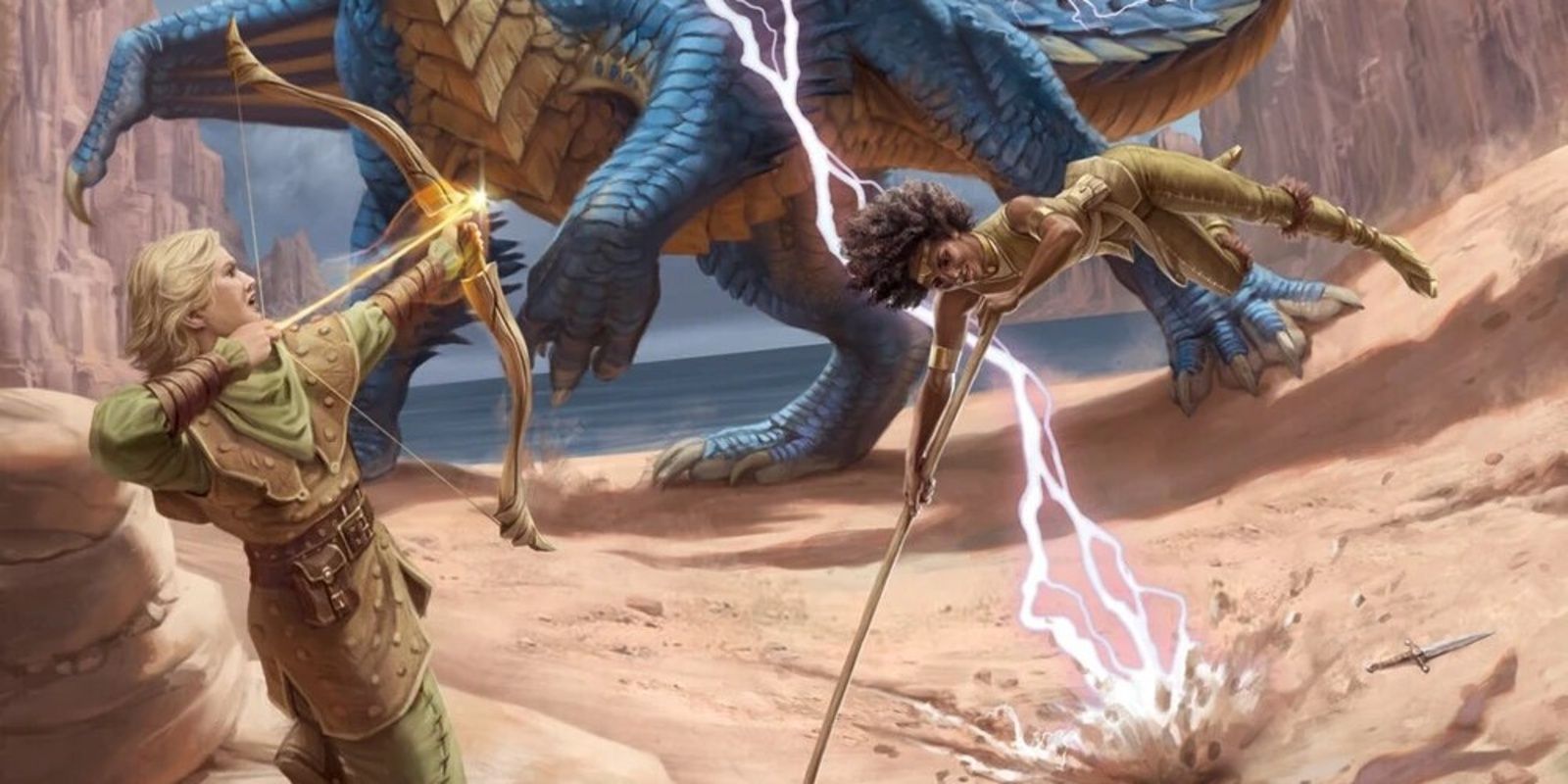 Hank and Diana from the Dungeons & Dragons TV show fighting a dragon on the Dragon of Stormwreck Isle cover WotC art