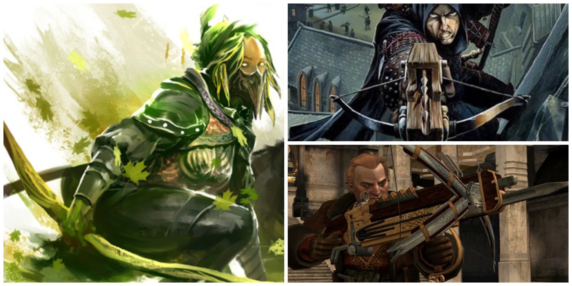 Dungeons and Dragons characters using a Longbow (left), Hand Crossbow (top right), and Heavy Crossbow (bottom right)