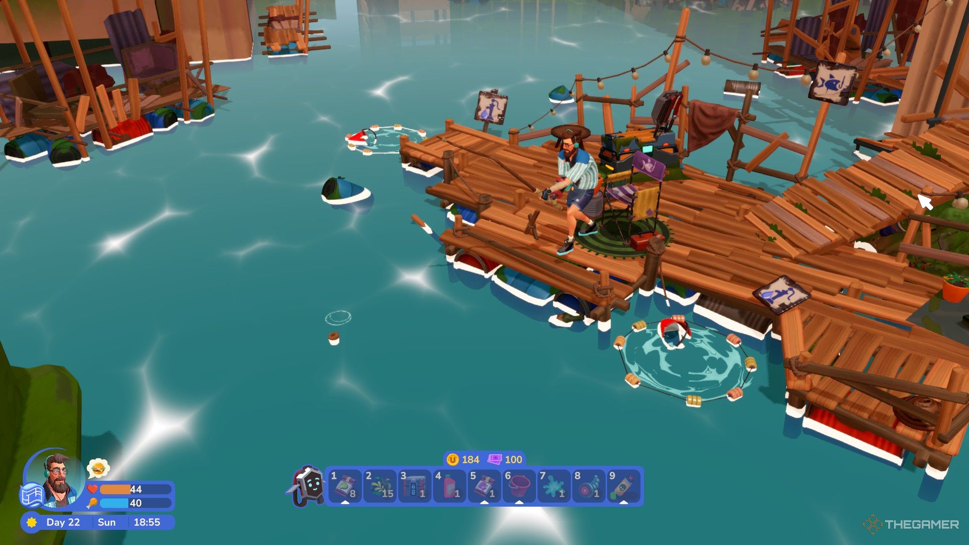 The player is fishing at the docks in I Am Future.