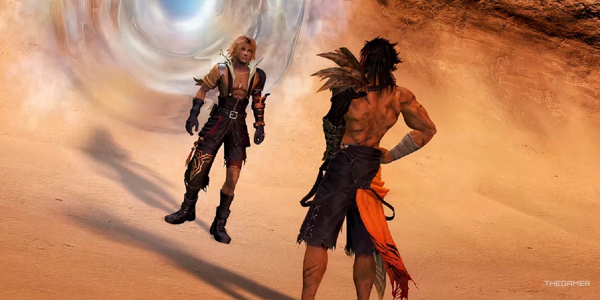 Tidus and Jecht face each other in Dissidia Final Fantasy NT.