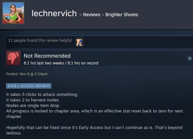 A screenshot shows a Steam user review of Brighter Shores.