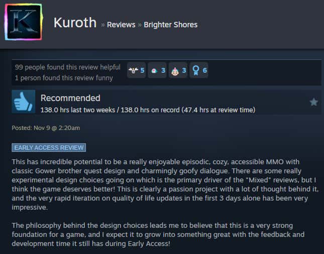 A screenshot shows a Steam user review of Brighter Shores.