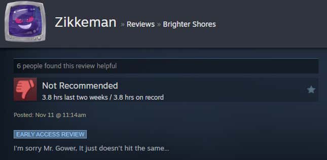 A screenshot shows a Steam user review of Brighter Shores.